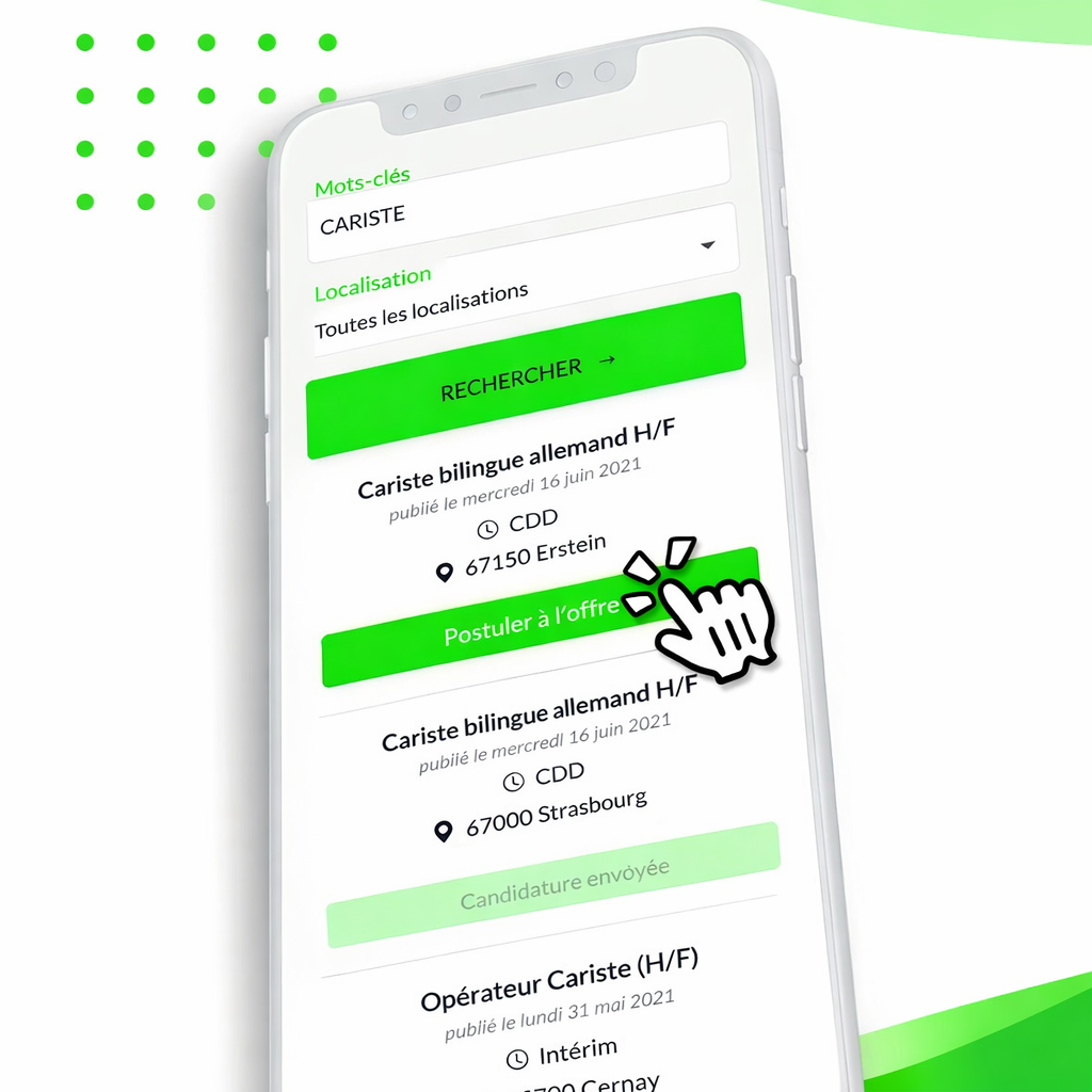 Interface mobile mySofitex avec recherche d'offres cariste