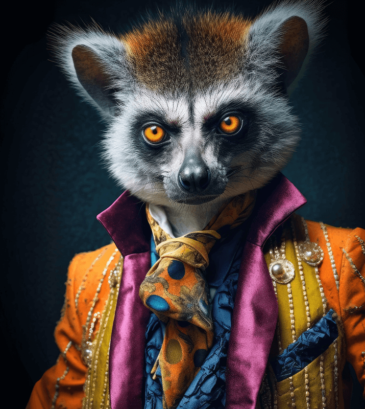 Lémurien en costume baroque orange et violet avec yeux dorés