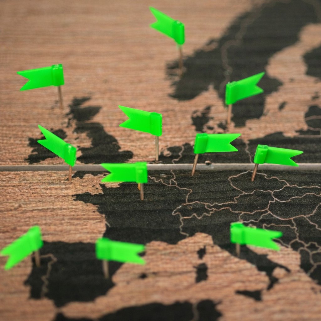 Épingles vertes plantées sur une carte de l'Europe